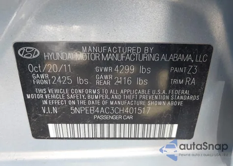 2012 Hyundai Sonata Gls z USA, uszkodzony, nr VIN 5NPEB4AC3CH401517
